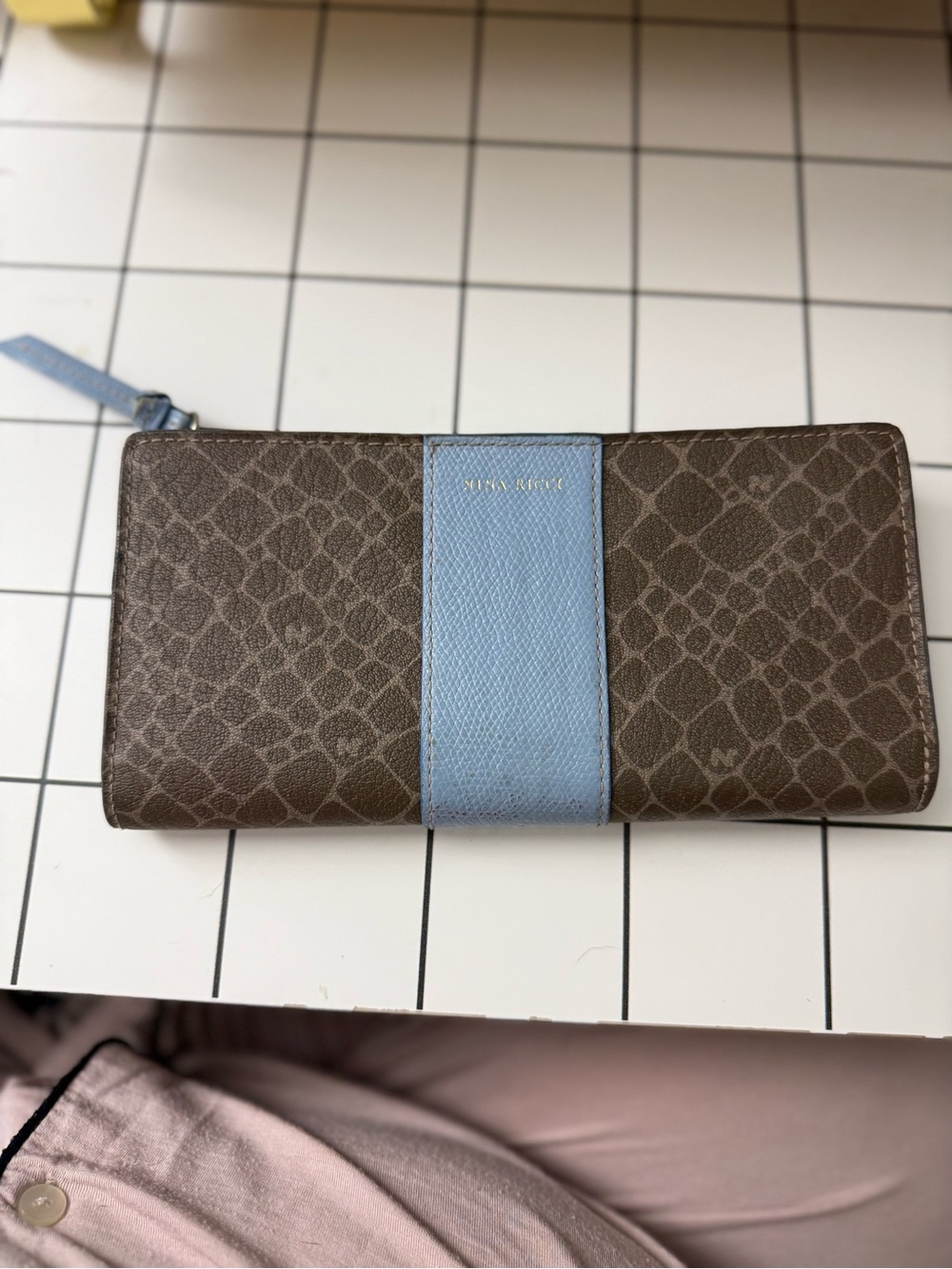 Nina Ricci Brown & Light Blue Signature Zip Wallet